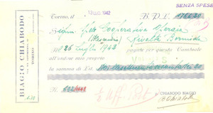 Documento originale, autentico 1942 TORINO Biagio CHIABODO Cioccolato Cambiale pubblicitaria 1