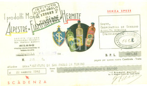 Documento originale, autentico 1942 CARMAGNOLA Prodotti MARISTI Alpestre Fiammaverde HERMITE Cambiale 1