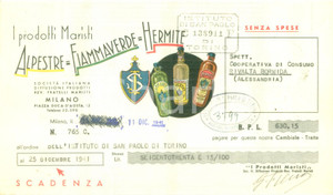 Documento originale, autentico 1941 CARMAGNOLA Prodotti MARISTI Alpestre Fiammaverde HERMITE Cambiale 1