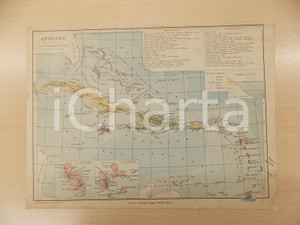 Stampa, bozzetto originale 1884 PARIS DRIOUX  LEROY Atlas universel Carte ANTILLES 32x23 cm Ã©d. BELIN 1