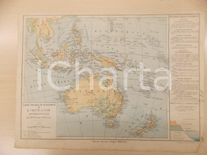 Stampa, bozzetto originale 1884 PARIS DRIOUX  LEROY Atlas universel Carte OCEANIE occidentale 32x23 cm 1