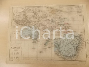 Stampa, bozzetto originale 1884 PARIS DRIOUX  LEROY Atlas universel Carte OCEANIE physique 32x23 cm 1