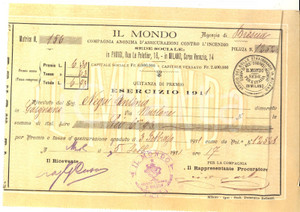 Documento originale, autentico 1911 BRESCIA IL MONDO Compagnie Assicurazioni contro l incendio Ricevuta 1