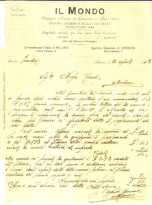 Documento originale, autentico 1913 BRESCIA IL MONDO Compagnie Assicurazioni contro l incendio Lettera 1