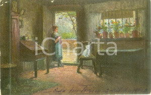 Cartolina originale da collezione 1904 ARTE Contadina con gatto Cartolina postale OILETTE FP VG 1