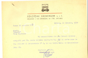 Manoscritto, lettera originale 1950 MILANO Edizioni ARIMINUM Lettera commerciale per lavorazione libri 1