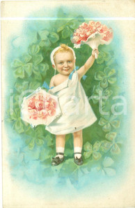 Cartolina originale da collezione 1911 BUON NATALE Bambino offre mazzi di fiori Cartolina in rilievo FP NV 1