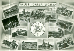 Cartolina originale da collezione 1956 SICILIA Vedutine Carretto siciliano Traghetto MESSINA Cartolina FG VG 1