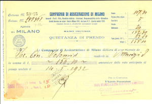 Documento originale, autentico 1932 Compagnia di Assicurazione di Milano  Quietanza premio ramo incendi 1