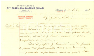 Manoscritto, lettera originale 1931 ROVATO BS Lettera studio legale avv. Aldo & cav. Giacomo BONATI 1