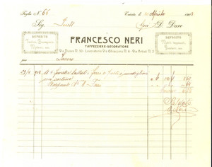 Documento originale, autentico 1908 TRIESTE Francesco NERI Tappezziere  decoratore Fattura intestata 1