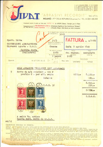 Documento originale, autentico 1949 MILANO Ditta SIVAT Abrasivi RECORDIT Fattura intestata con bolli 1