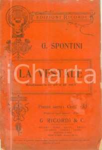 Oggetto da collezione cartaceo 1908 Gaspare SPONTINI Victor DE JOUY La vestale  Melodramma DANNEGGIATO 1