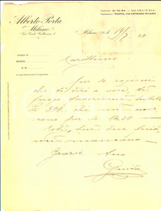 Documento originale, autentico 1922 MILANO Ditta Alberto PORTA richiede saldo debito Lettera carta intestata 1