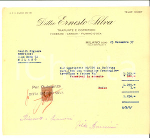 Documento originale, autentico 1937 MILANO Ditta Ernesto SILVA Trapunte e copripiedi Fattura con bollo 1