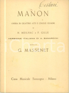 Oggetto da collezione cartaceo 1934 Jules MASSENET Manon Opera in quattro atti Casa Musicale SONZOGNO 1