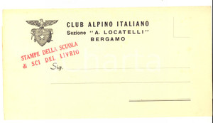 Documento originale, autentico 1930 CLUB ALPINO ITALIANO BERGAMO Sezione LOCATELLI Fascetta Scuola Sci LIVRIO 1