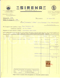Documento originale, autentico 1951 MILANO SocietÃ  SIRENA  Fattura intestata per vasetti crema PREP 1