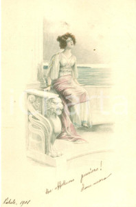 Oggetto da collezione cartaceo 1901 BUON NATALE Innamorata in terrazza sul golfo Cartoncino auguri ILLUSTRATO 1