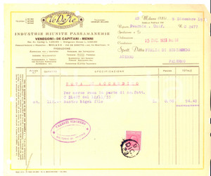 Documento originale, autentico 1933 MILANO Ditta VE DE ME Industrie Riunite Passamanerie Nota di accredito 1