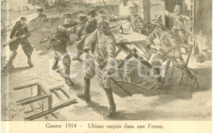 Cartolina originale da collezione 1915 WW1 PROPAGANDA DI GUERRA Uhlans surpris dans une Ferme Cartolina FP VN 1