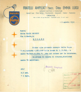 Documento originale, autentico 1951 CREMONA Fratelli AMPLEAT Lampadine PHILIPS Lettera commerciale DANNEGGIATA 1
