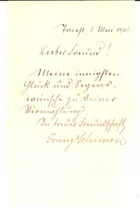 Manoscritto, lettera originale 1908 TRIESTE Breve lettera di Franz SCHIMON con messaggio a un amico 1