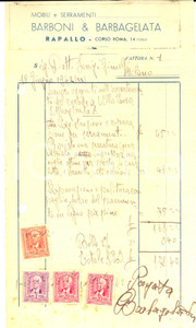 Documento originale, autentico 1942 RAPALLO GE Mobili e serramenti BARBONI & BARBAGELATA Fattura con bolli 1