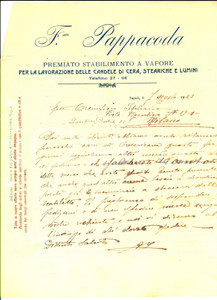 Documento originale, autentico 1923 NAPOLI Francesco PAPPACODA Candele di cera, steariche e lumini Lettera 1