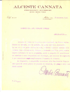 Documento originale, autentico 1923 MILANO Via Malpighi 1 Alceste CANNATA Pneumatici e accessori Lettera 1