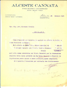 Documento originale, autentico 1926 MILANO Via Malpighi 1 Ditta Alceste CANNATA Pneumatici e accessori Lettera 1