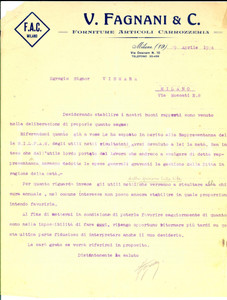 Documento originale, autentico 1924 MILANO Ditta V. FAGNANI Articoli carrozzeria Lettera per rappresentanza 1