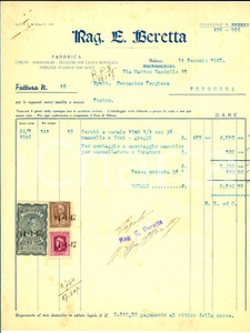 Documento originale, autentico 1947 MILANO Rag. E. BERETTA Fabbrica cerchi e parafanghi Fattura commerciale 1