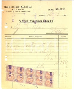 Documento originale, autentico 1929 MILANO Fattura RUBINETTERIE NAZIONALI per squadrette   Marche da bollo 1