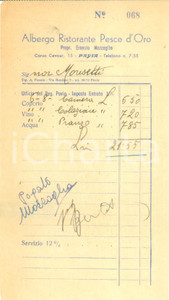 Materiale pubblicitario d’epoca 1950 ca PAVIA Albergo Ristorante PESCE D ORO Ernesto MOZZAGLIA Ricevuta 1