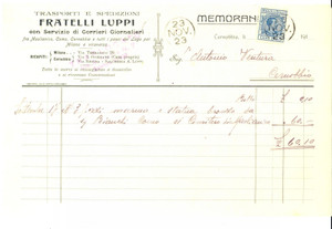 Documento originale, autentico 1923 CERNOBBIO Trasporti e spedizioni FRATELLI LUPPI  Memorandum con bollo 1