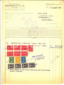 Documento originale, autentico 1947 MILANO SocietÃ  Commerciale PARONITTI & C. Fattura commerciale con bolli 1