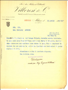 Documento originale, autentico 1929 MILANO SocietÃ  Medese di ElettricitÃ  VILLORESI & C. Lettera liquidazione 1