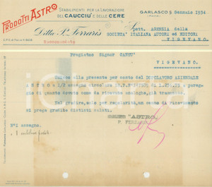 Documento originale, autentico 1934 GARLASCO PV Prodotti ASTRO Stabilimenti per lavorazione caucciÃ¹ cere 1