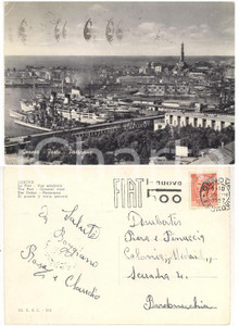Materiale pubblicitario d’epoca 1957 GENOVA Panorama del porto Cartolina TIMBRO pubblicitario Nuova FIAT 500 1