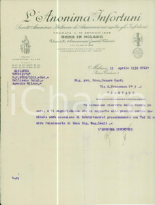 Documento originale, autentico 1939 MILANO L Anonima Infortuni SocietÃ  Anonima Italiana Lettera commerciale 1