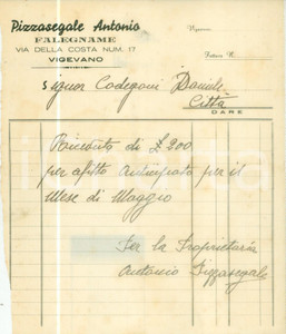 Documento originale, autentico 1945 ca VIGEVANO PV Antonio PIZZASEGALE Falegname Ricevuta DANNEGGIATA 1