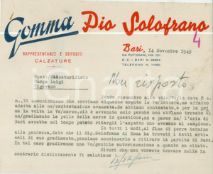 Documento originale, autentico 1949 BARI Calzature gomma Pio SOLOFRANO non gradisce pelli Lettera commerciale 1