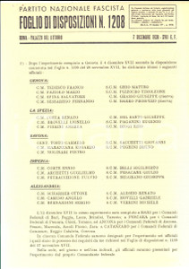 Documento originale, autentico 1938 PNF GENOVA Ufficiali idonei al perfezionamento Foglio Disposizioni 1208 1