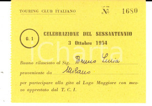 Oggetto da collezione cartaceo 1954 MILANO TOURING CLUB ITALIANO Buono per gita al Lago Maggiore 1