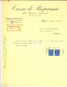 Documento originale, autentico 1937 MILANO Cassa di Risparmio delle Provincie Lombarde  Ricevuta con bolli 1