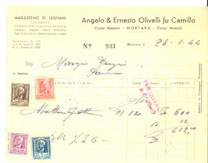 Documento originale, autentico 1944 MORTARA Angelo & Ernesto OLIVELLI fu Camillo  Magazzeno legnami Fattura 1