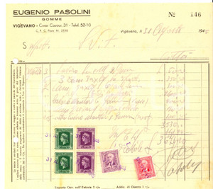 Documento originale, autentico 1945 VIGEVANO PV Eugenio PASOLINI Gomme Fattura con bolli 1