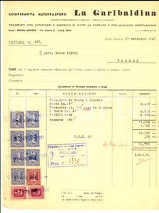 Documento originale, autentico 1947 BUSTO ARSIZIO VA Cooperativa Autotrasporti LA GARIBALDINA Fattura 1