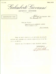 Documento originale, autentico 1942 MILANO Giovanni GALIMBERTI Motocicli  accessori Lettera carta intestata 1